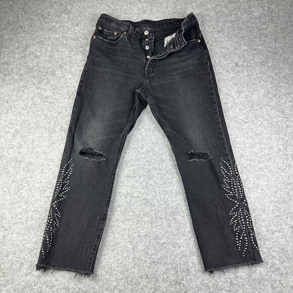 Levis Premium 501 Jeans Womens 29 Faded Black Distressed Studded Crop Big E Rock - Picture 1 of 16